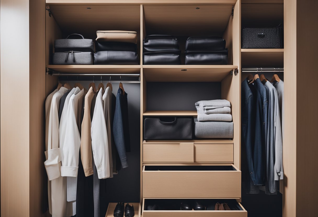 A person opens a wardrobe in Singapore, revealing shelves and drawers filled with neatly organized clothing and accessories. The furniture is sleek and modern, with clean lines and a minimalist design