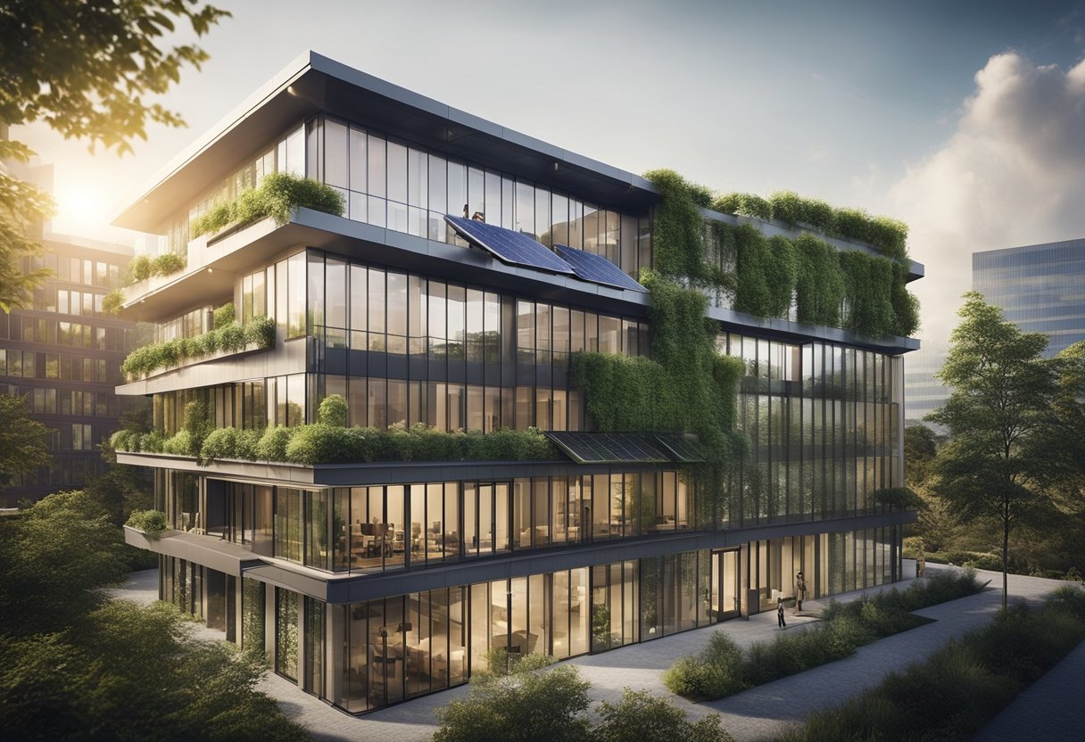 An architect presents eco-friendly features of a modern office building in a Q&A session. Solar panels, green roofs, and efficient ventilation are highlighted
