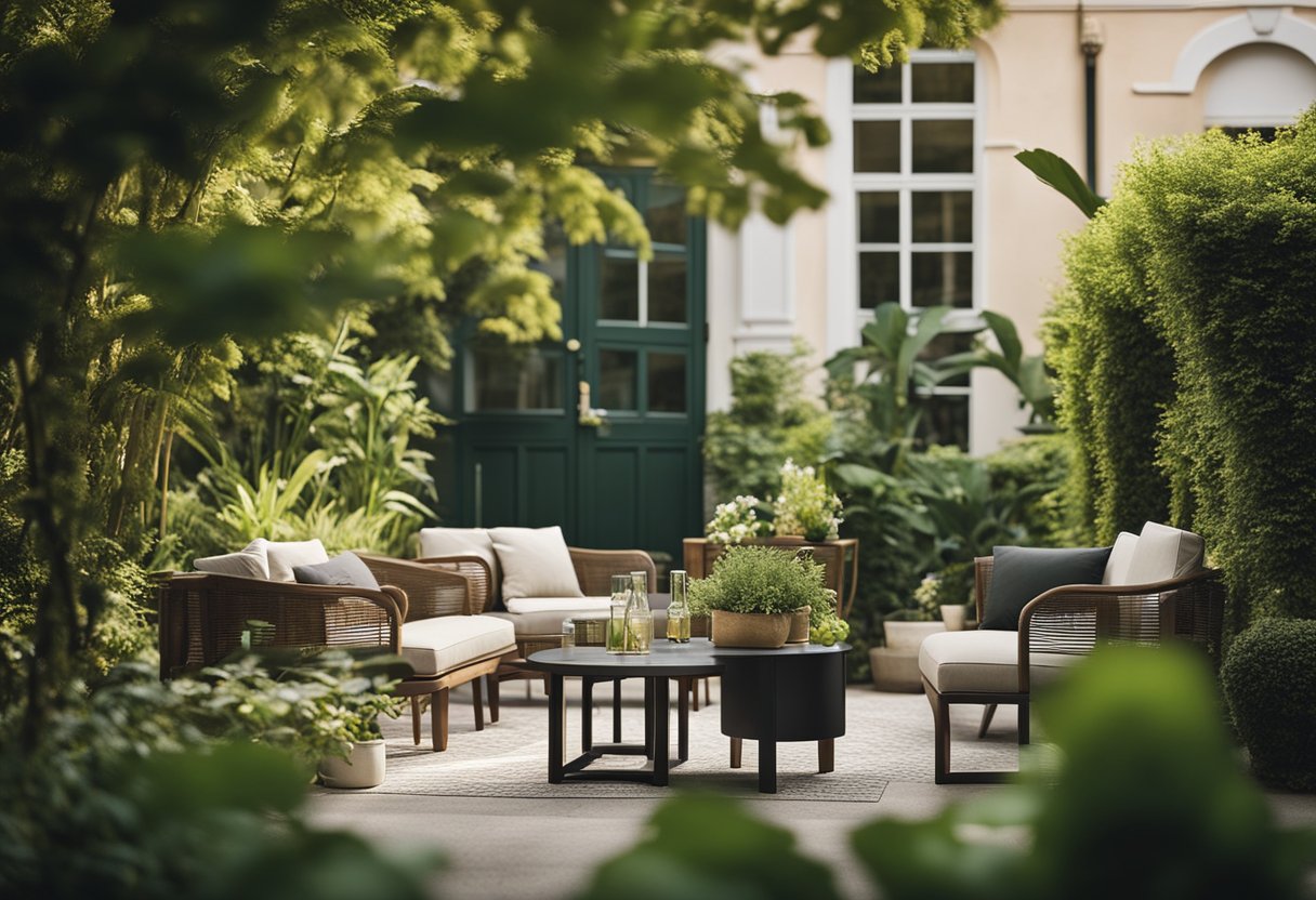A cozy outdoor setting with Boulevard furniture, surrounded by lush greenery and a tranquil ambiance