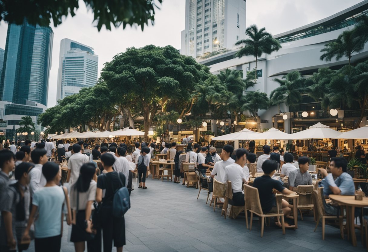 A bustling boulevard in Singapore with modern outdoor furniture, surrounded by curious onlookers and potential customers