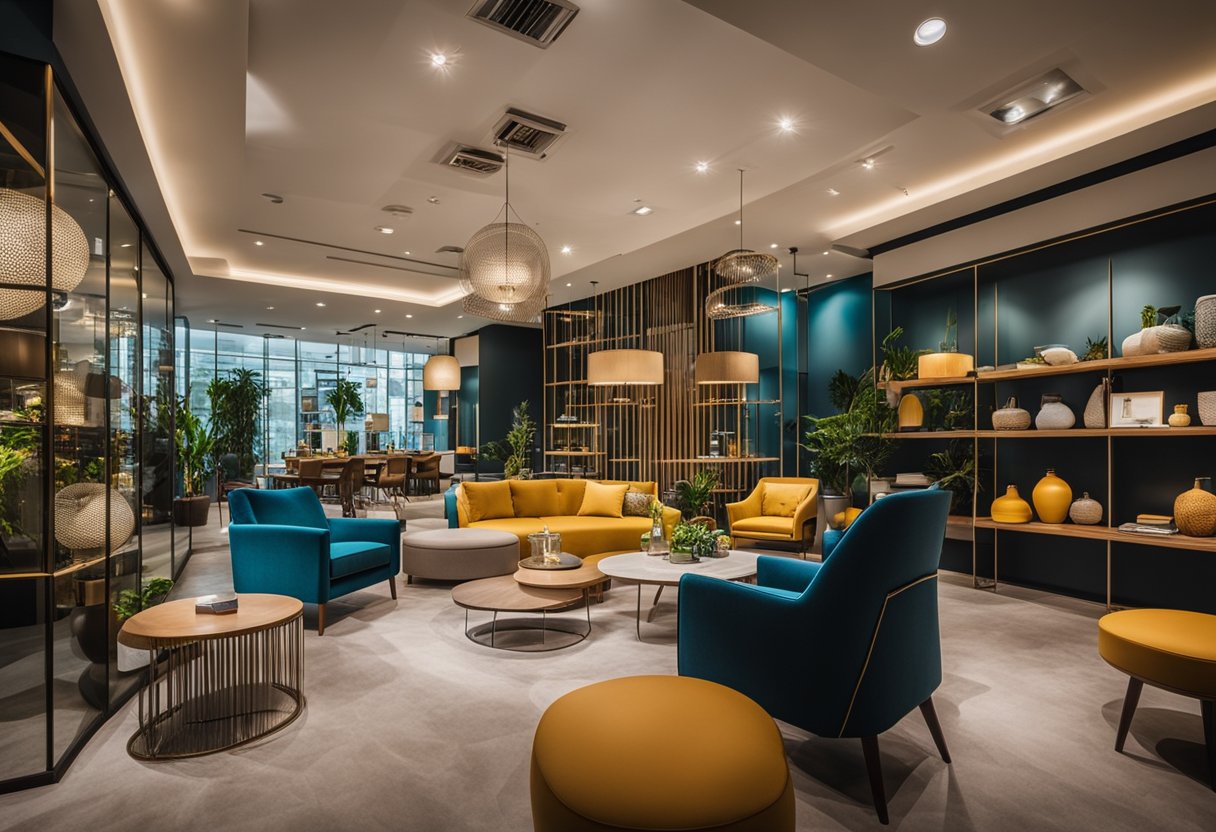 A modern furniture showroom in Singapore, with sleek designs and vibrant colors, showcasing the latest trends in home decor and interior design