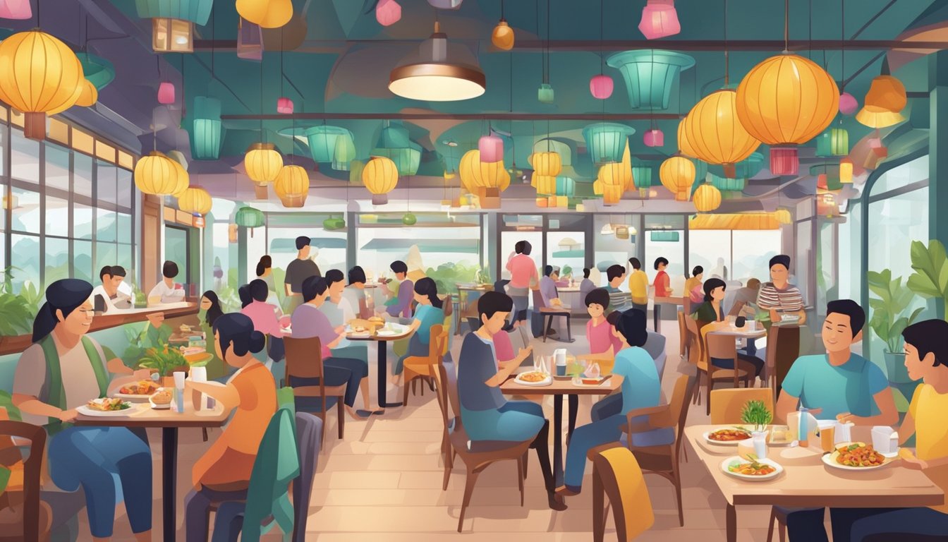 A bustling family restaurant in Singapore, with colorful decor and a variety of delicious dishes being served at the tables