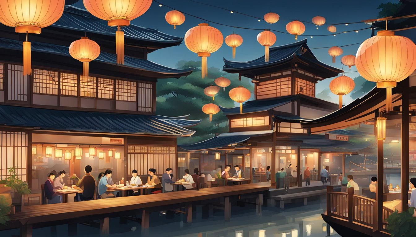 A bustling Japanese restaurant on a boat quay with bright lanterns, traditional wooden architecture, and diners enjoying their meals