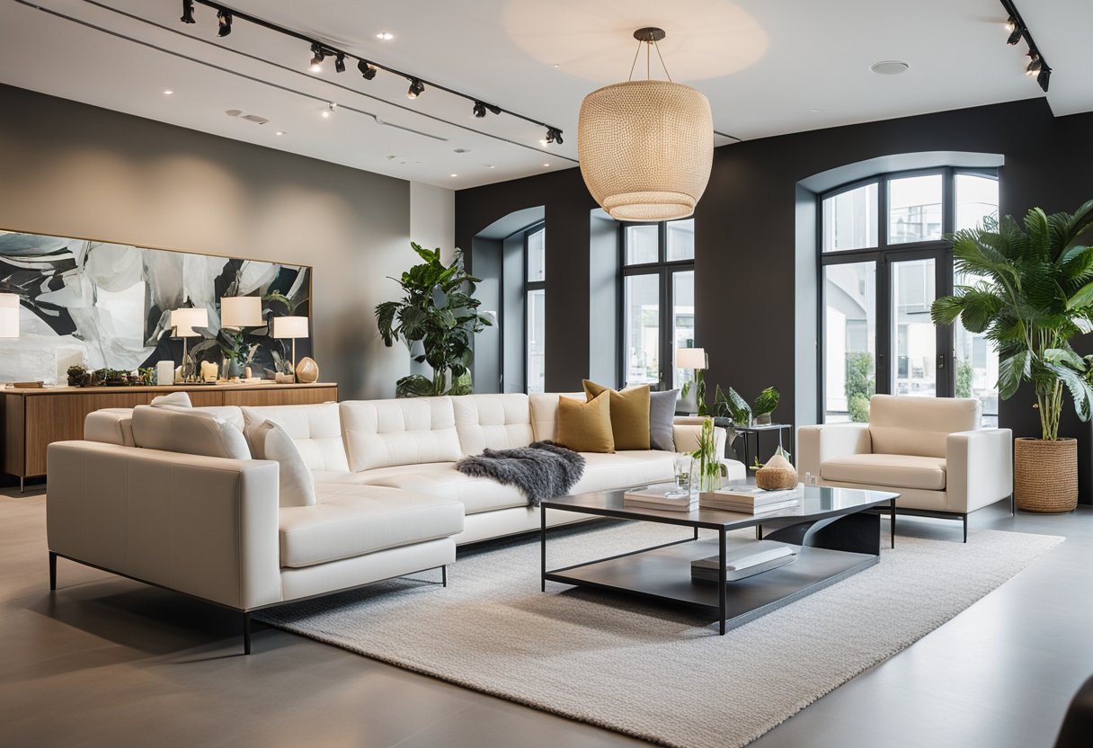 A showroom with modern furniture, clean lines, and a bright, airy atmosphere. Displayed items are sleek and stylish, creating a contemporary and inviting space