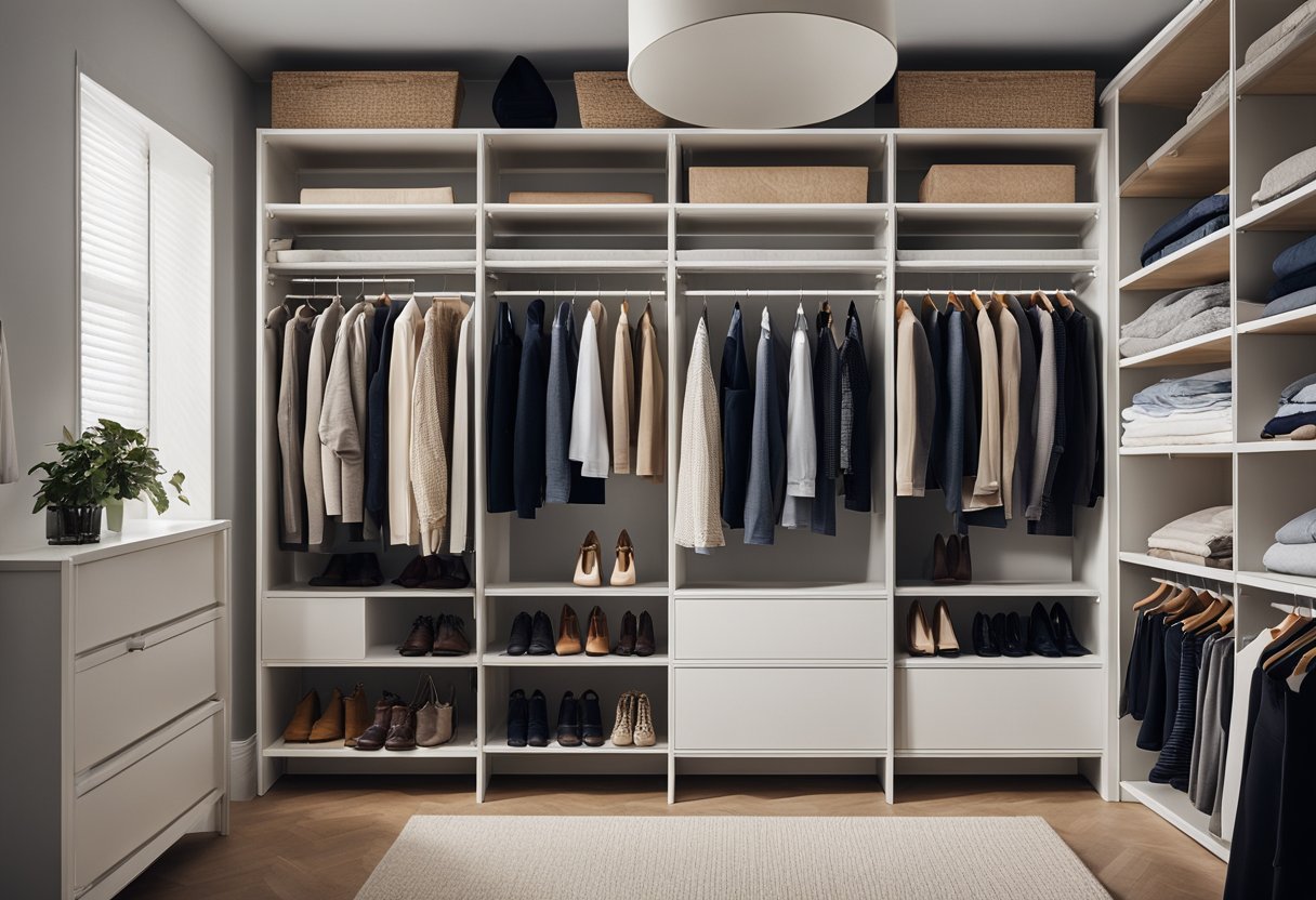 A person selects and organizes clothing in a spacious, well-lit wardrobe with shelves, drawers, and hanging space. Garments are neatly folded and hung, with shoes and accessories neatly arranged
