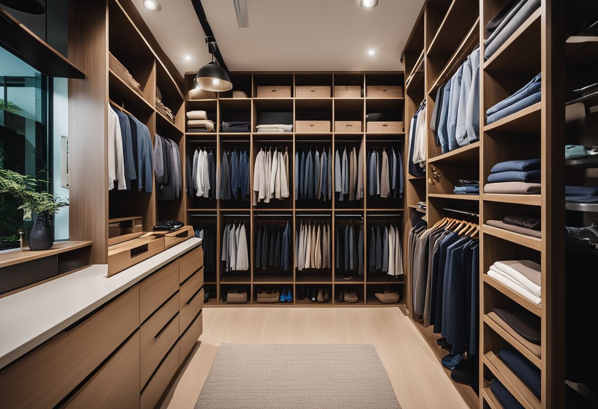 A neatly organized wardrobe filled with various furniture items, including shelves, drawers, and hanging rods, is displayed in a showroom in Singapore