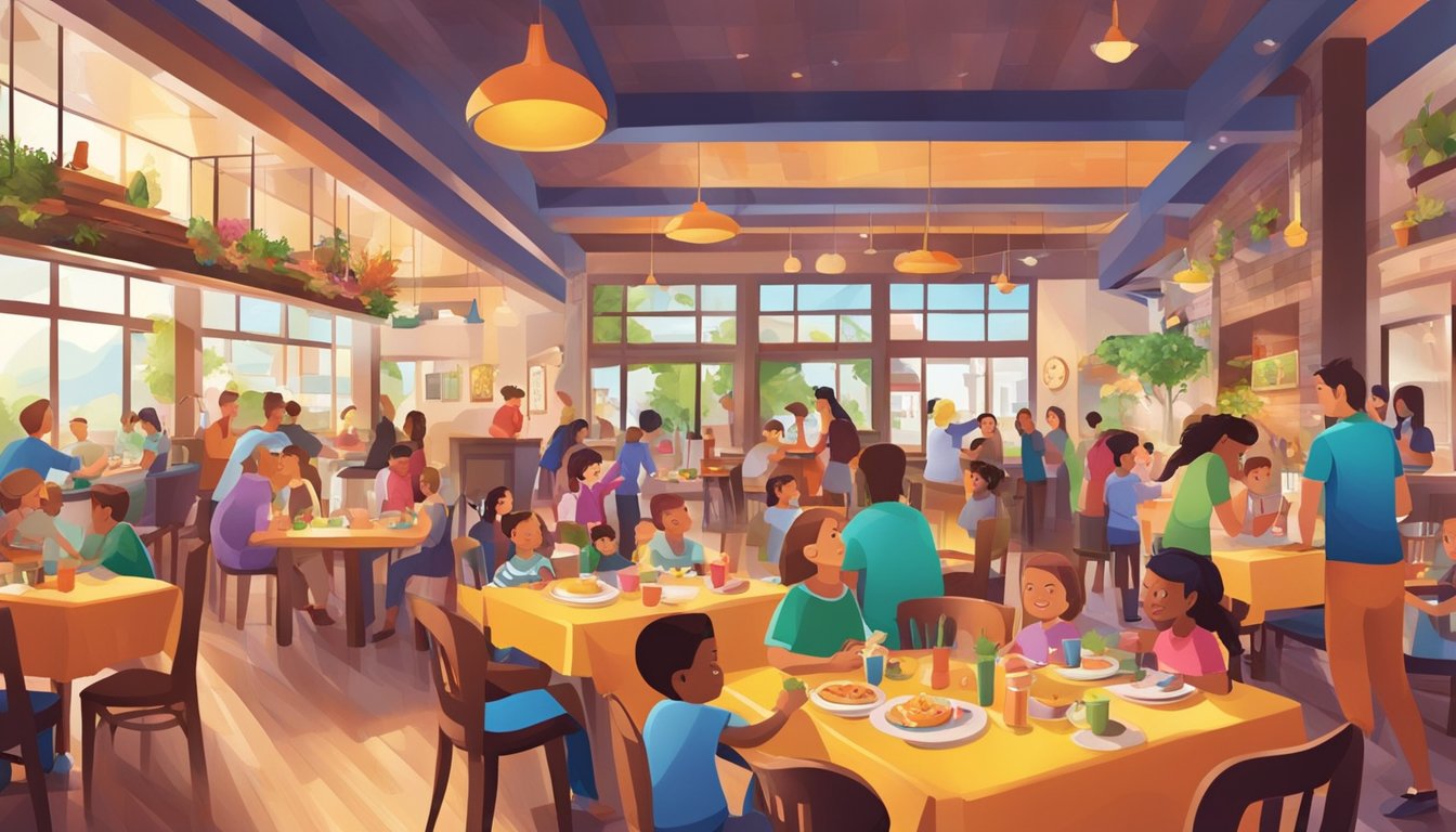 A bustling restaurant with colorful decor and a welcoming atmosphere, filled with families enjoying delicious meals and children playing happily