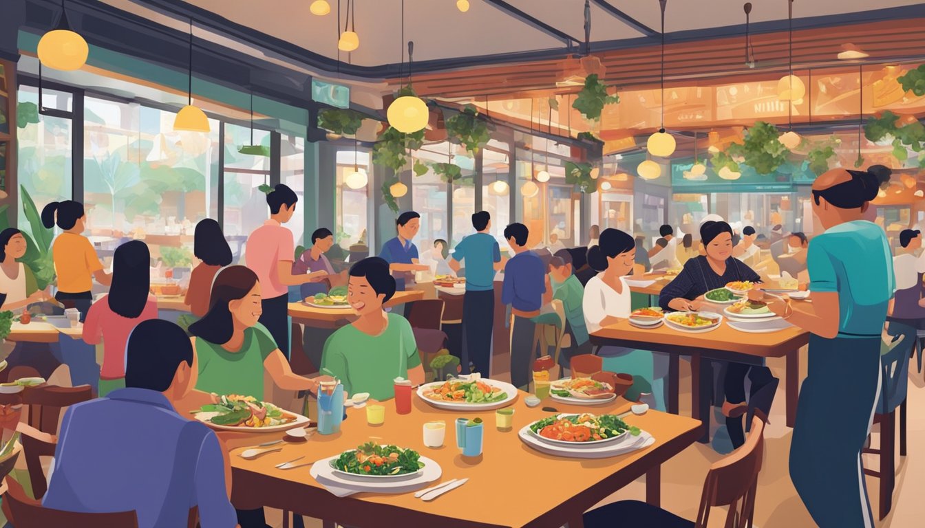 A bustling restaurant in Clarke Quay, with colorful vegetable dishes being prepared and served, surrounded by happy diners enjoying their vegetarian meals