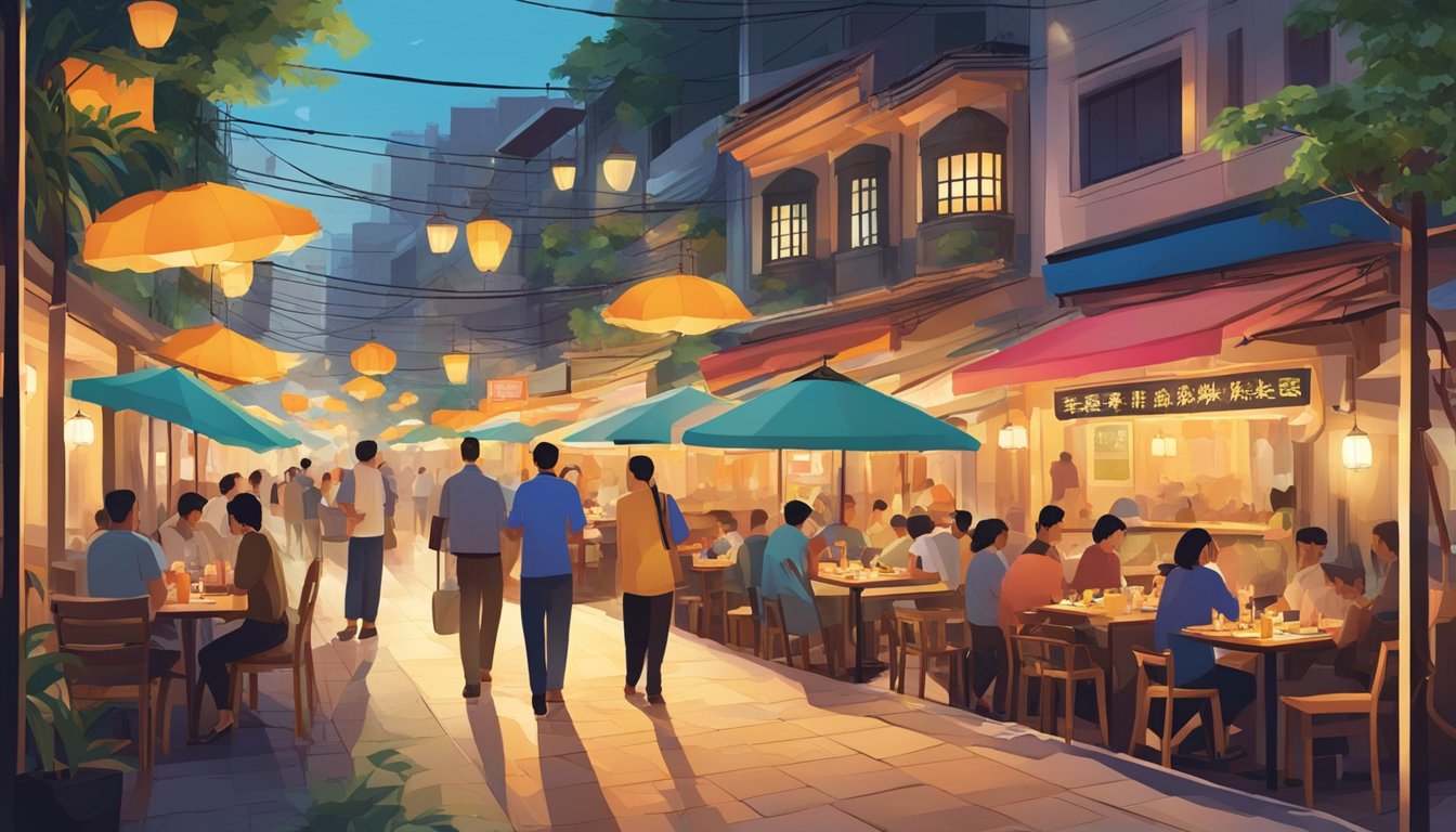 Colorful street filled with bustling Bukit Pasoh restaurants, each emitting savory aromas. Diners savoring diverse cuisines at outdoor tables under the warm glow of street lamps