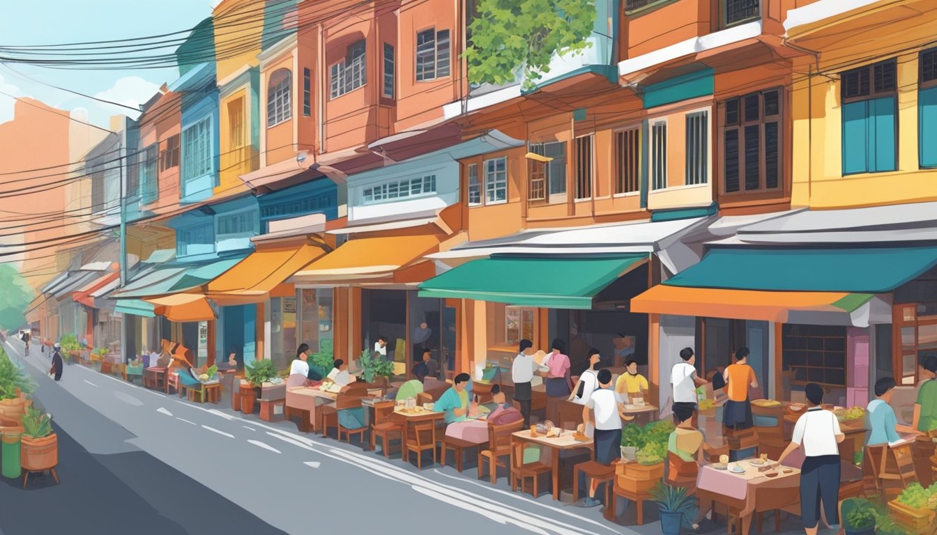 A bustling street lined with colorful shophouses, each housing a unique restaurant. Aromas of sizzling meats and spices fill the air, as locals and tourists alike explore the vibrant culinary scene of Bukit Pasoh Road