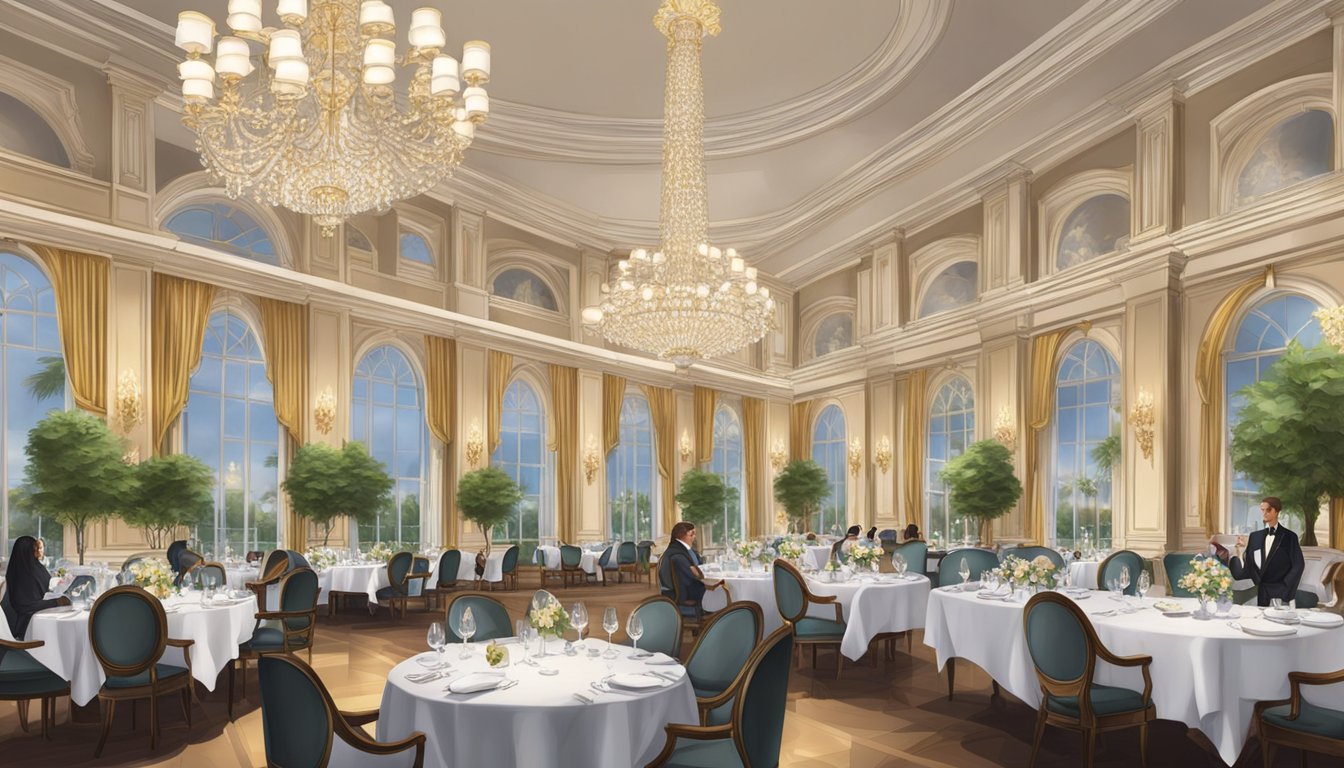 The elegant Carlton Hotel restaurant features high ceilings, chandeliers, and white tablecloths