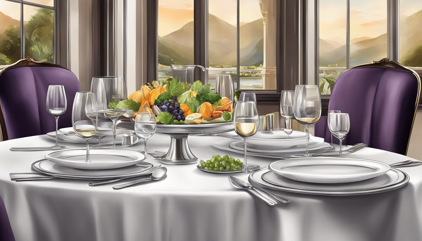 A table set with gourmet dishes, fine cutlery, and elegant glassware at Carlton hotel restaurant