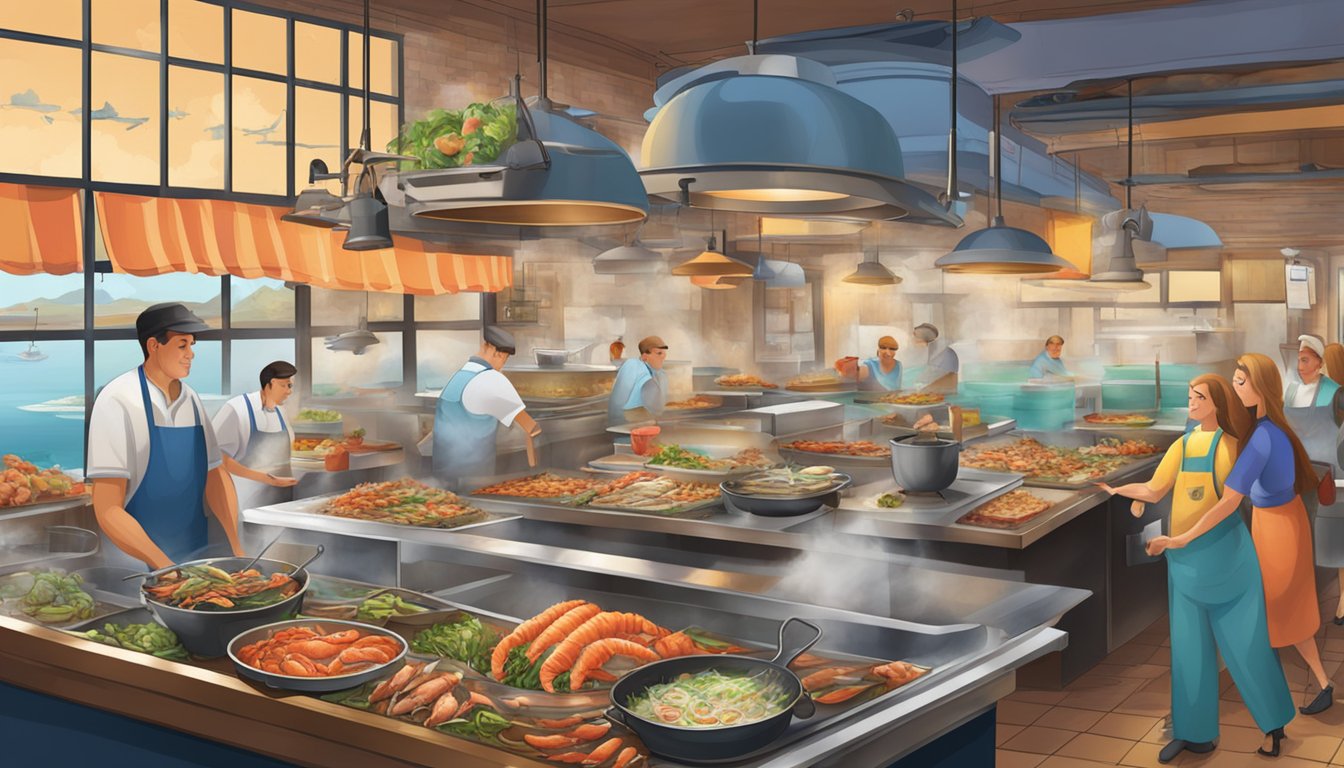 A bustling seafood restaurant with steaming pots, sizzling grills, and colorful dishes on display. The menu features fresh catches and signature dishes