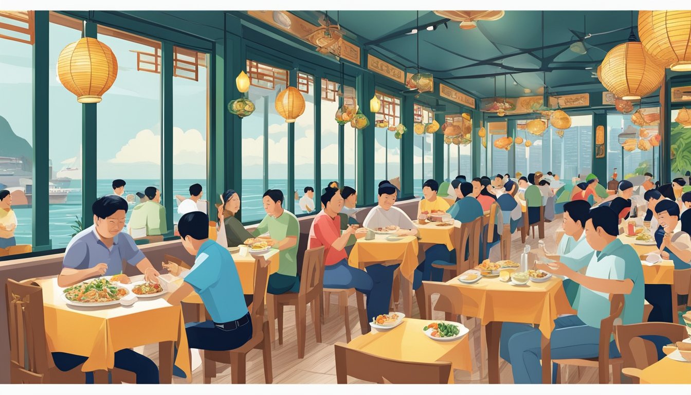 Customers enjoying fresh seafood dishes at Kah Heng Seafood Restaurant, with a bustling atmosphere and colorful decor