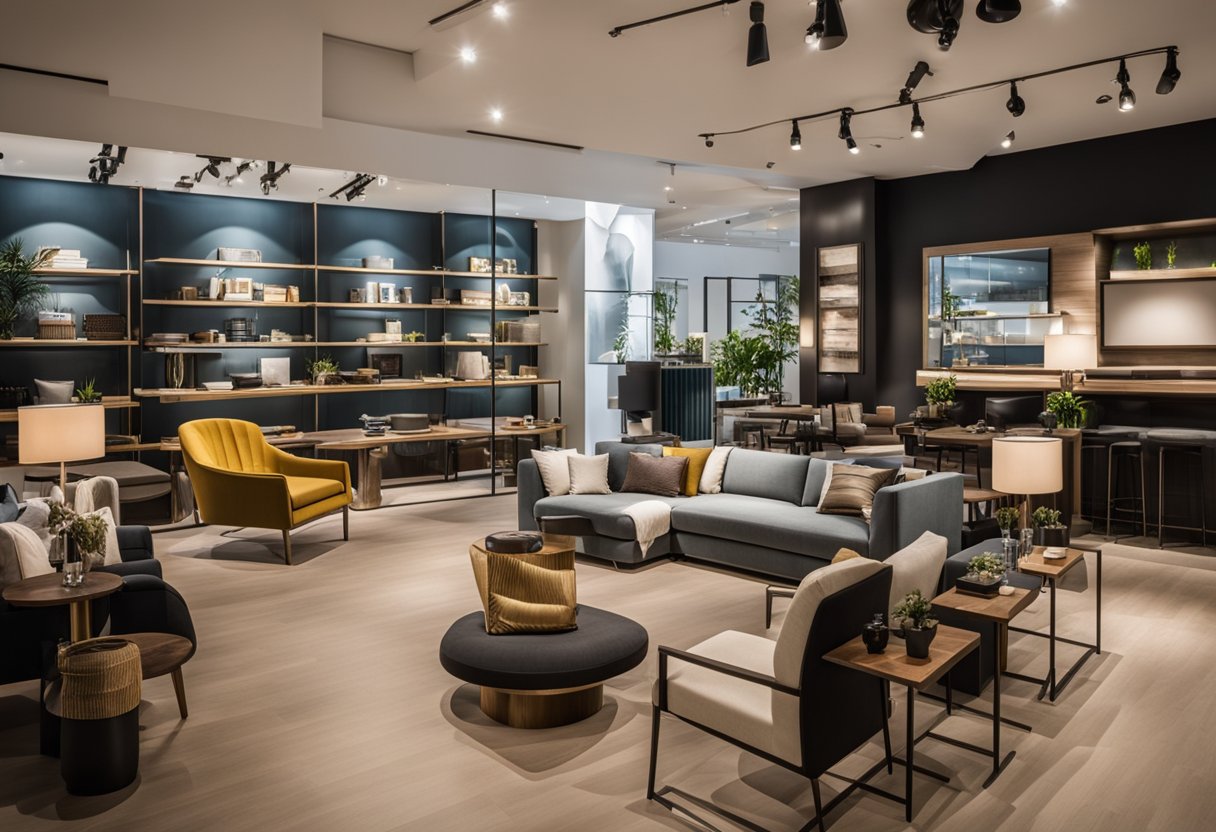 Brighton Furniture Singapore offers exclusive deals and services. Show a modern showroom with elegant furniture displays and a sign promoting special offers