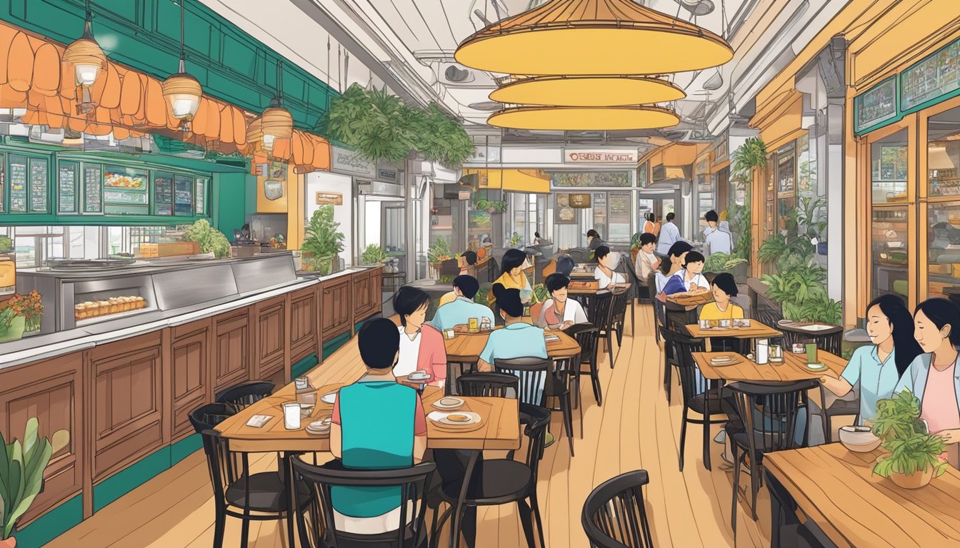 A bustling vegetarian restaurant at Clarke Quay with customers dining, servers taking orders, and a vibrant menu board