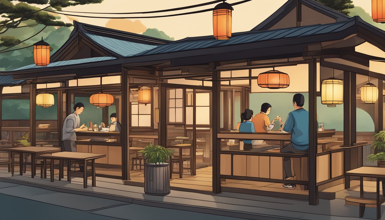 A bustling Japanese restaurant in Dempsey, with traditional lanterns, wooden tables, and a sushi bar. Customers enjoy their meals amidst the cozy and authentic atmosphere