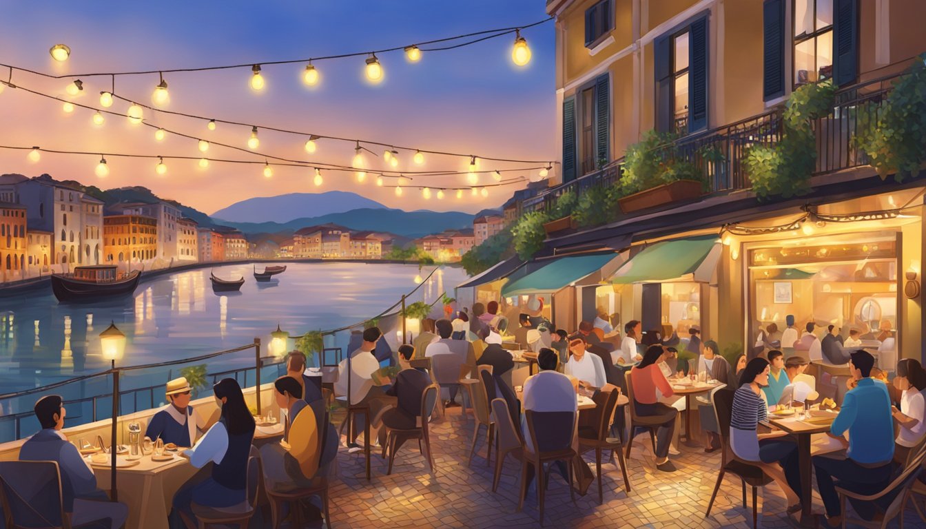 An Italian restaurant on Boat Quay bustles with diners under string lights, overlooking the tranquil river