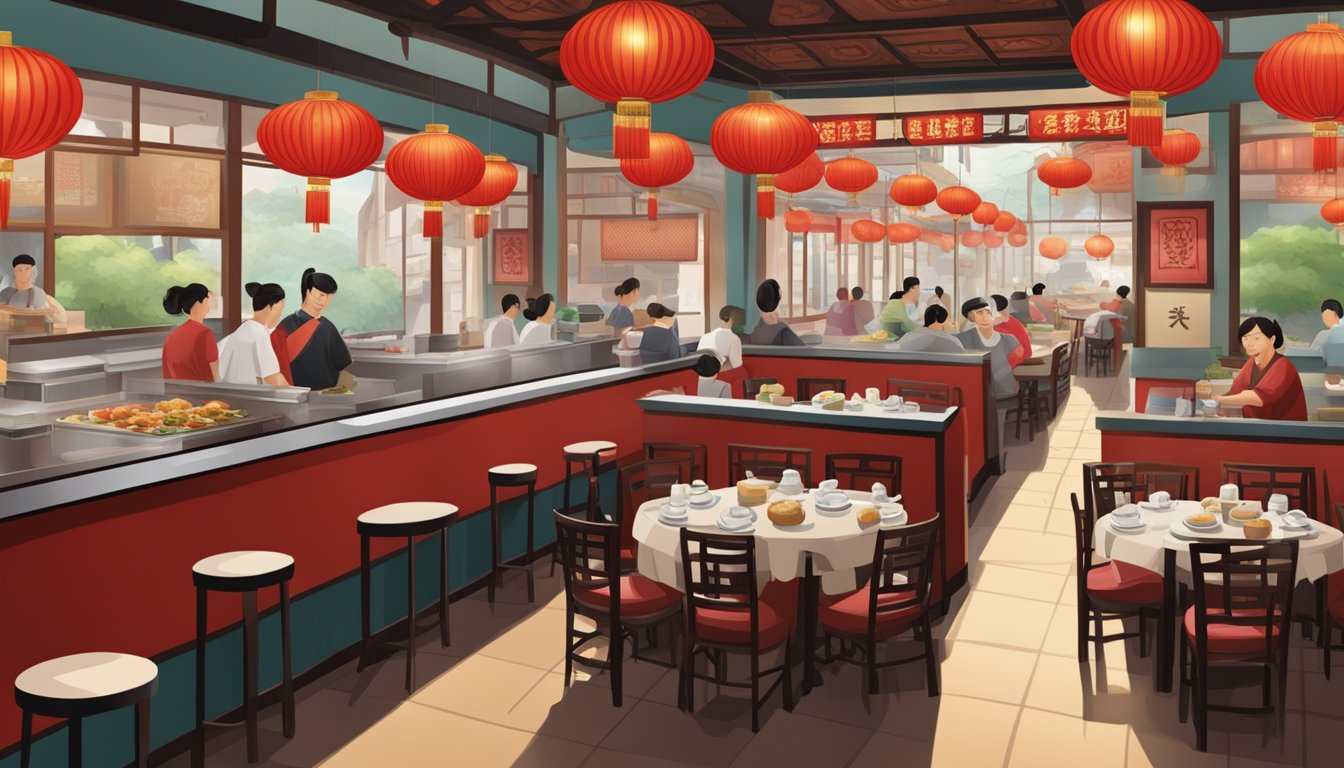 A bustling xin peng Chinese restaurant with red lanterns, round tables, and steaming dim sum carts