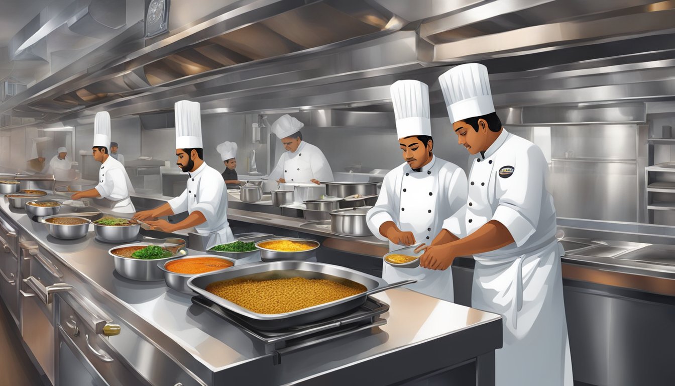 A bustling restaurant kitchen at Culinary Delights Junior Kuppanna, with chefs preparing aromatic South Indian dishes amidst sizzling pans and fragrant spices