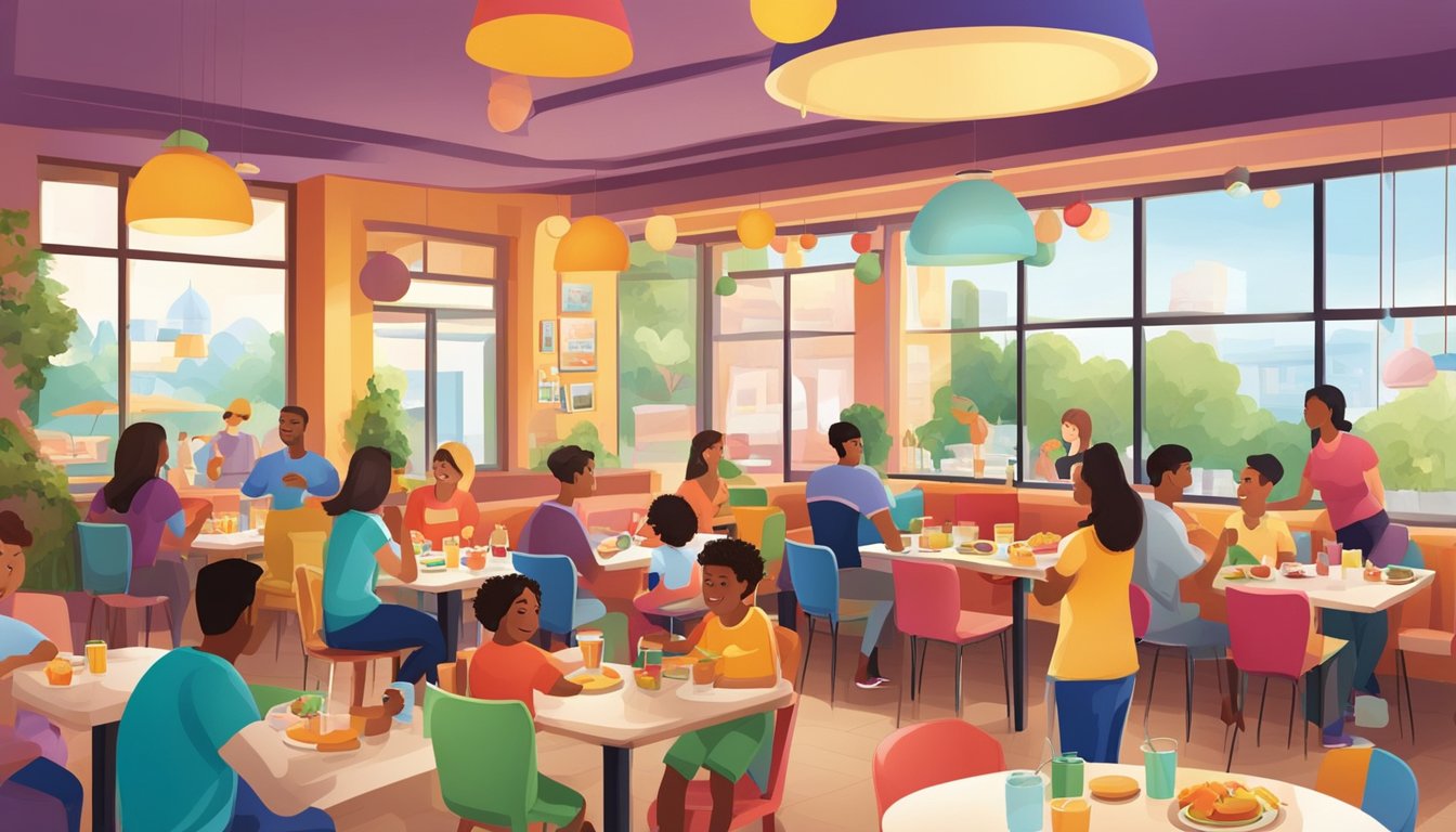 Families enjoy dining at colorful, spacious eateries with diverse menus and play areas