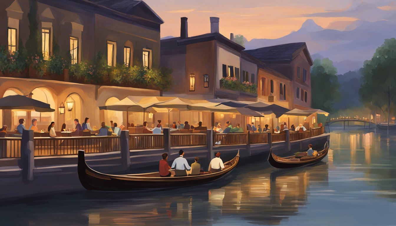 Patrons enjoy Italian cuisine by the river at Quay Italian restaurant. The ambiance is cozy, with dim lighting and rustic decor. A gondola sits nearby, adding to the romantic atmosphere