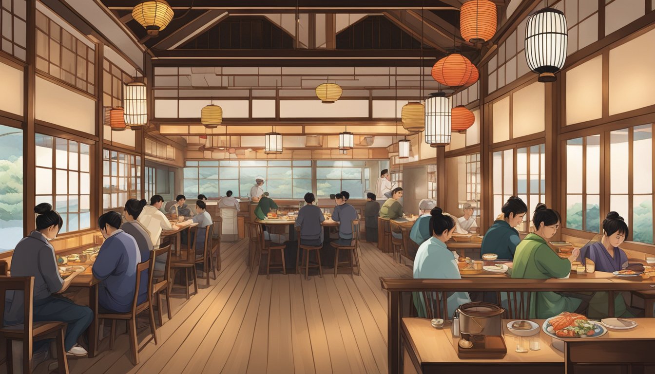 A bustling Japanese restaurant in Dempsey, with traditional lanterns hanging from the ceiling and a sushi bar with chefs expertly preparing fresh fish
