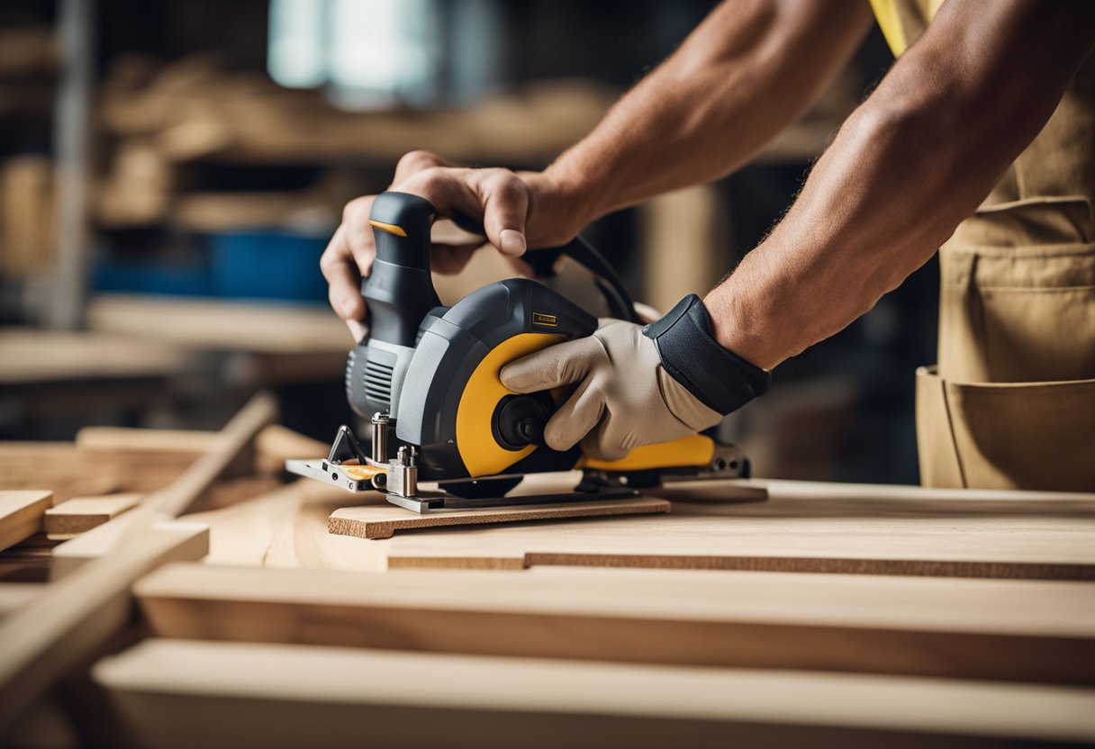 A carpenter carefully measures and cuts wood, ensuring precision and cost-effectiveness. Quality tools and materials are neatly organized in the workshop
