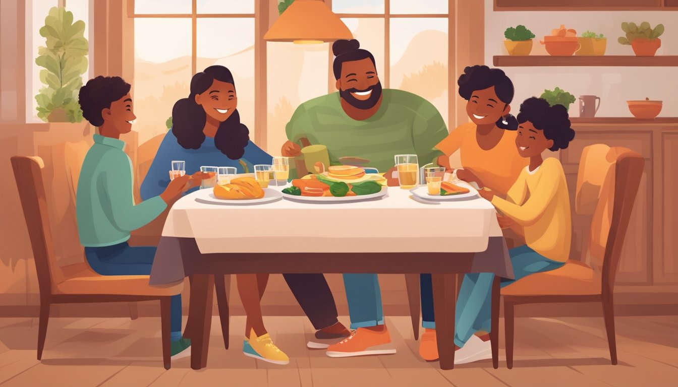 A cozy family dining scene with colorful plates, smiling faces, and a warm atmosphere