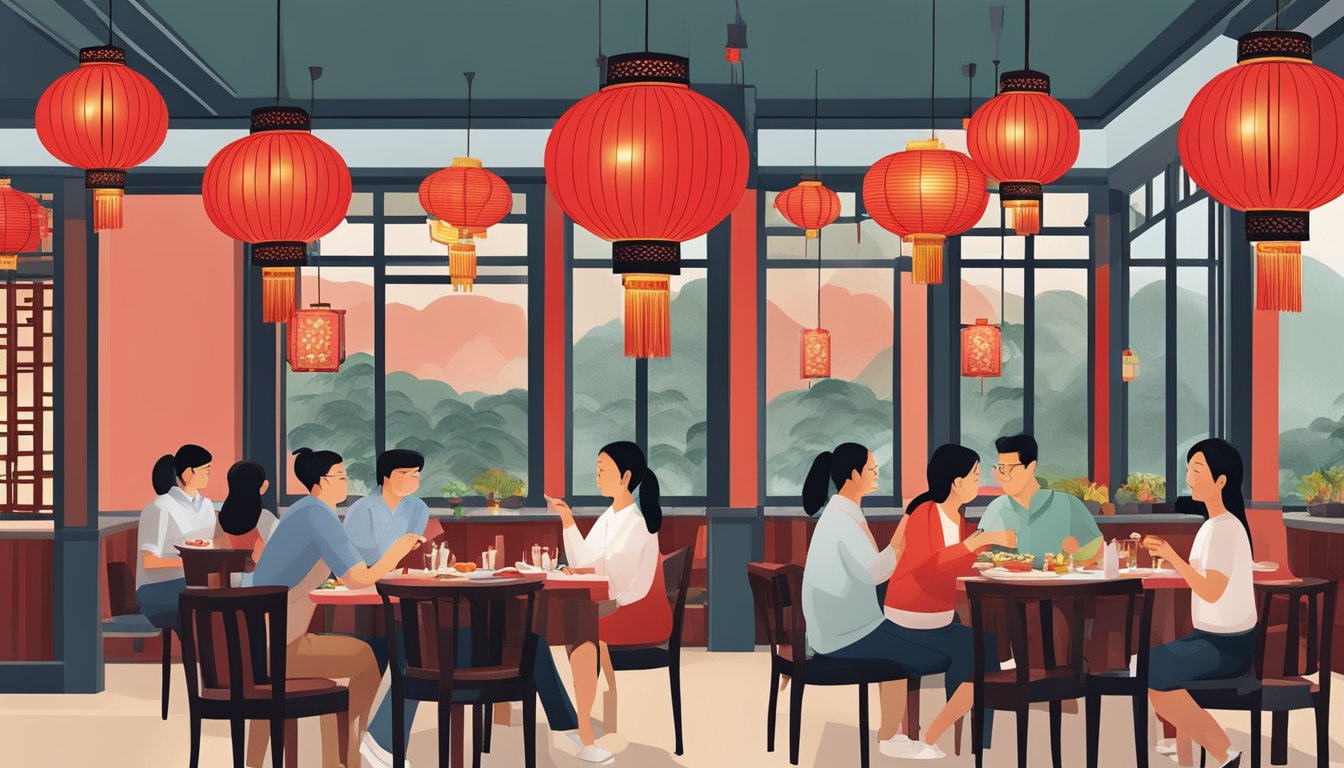 Customers enjoying traditional Chinese cuisine at Xin Peng restaurant, with decorative lanterns and red accents creating a warm and inviting atmosphere