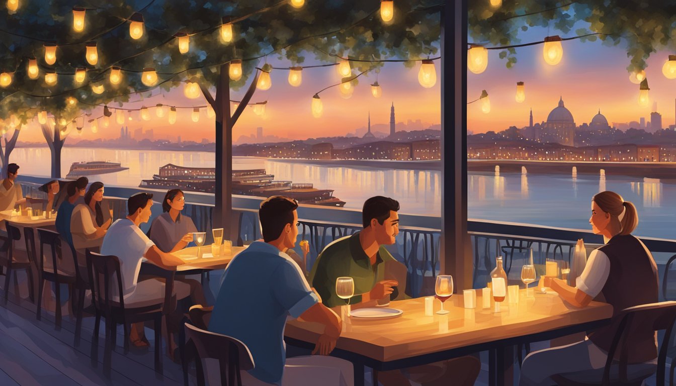 Customers sit at outdoor tables by the river, enjoying views of the city skyline. The warm glow of string lights illuminates the cozy atmosphere of the Italian restaurant
