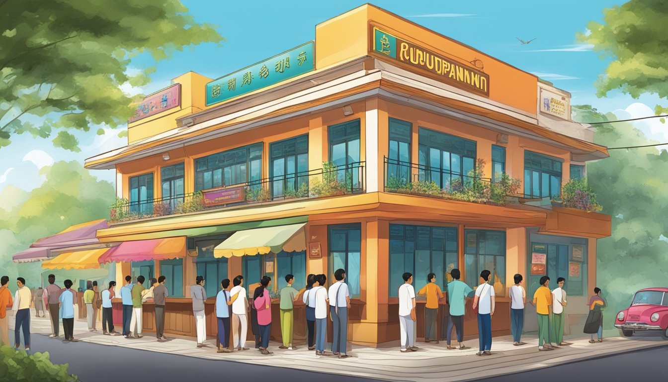 Customers line up outside the colorful Junior Kuppanna restaurant, eagerly waiting to enter. The signboard proudly displays the restaurant's name, while the aroma of spices and sizzling dishes wafts through the air