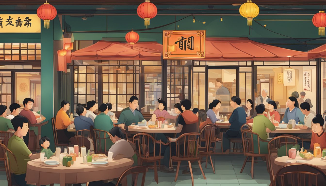 A bustling Chinese restaurant with a sign reading "Frequently Asked Questions xin peng" and customers enjoying their meals