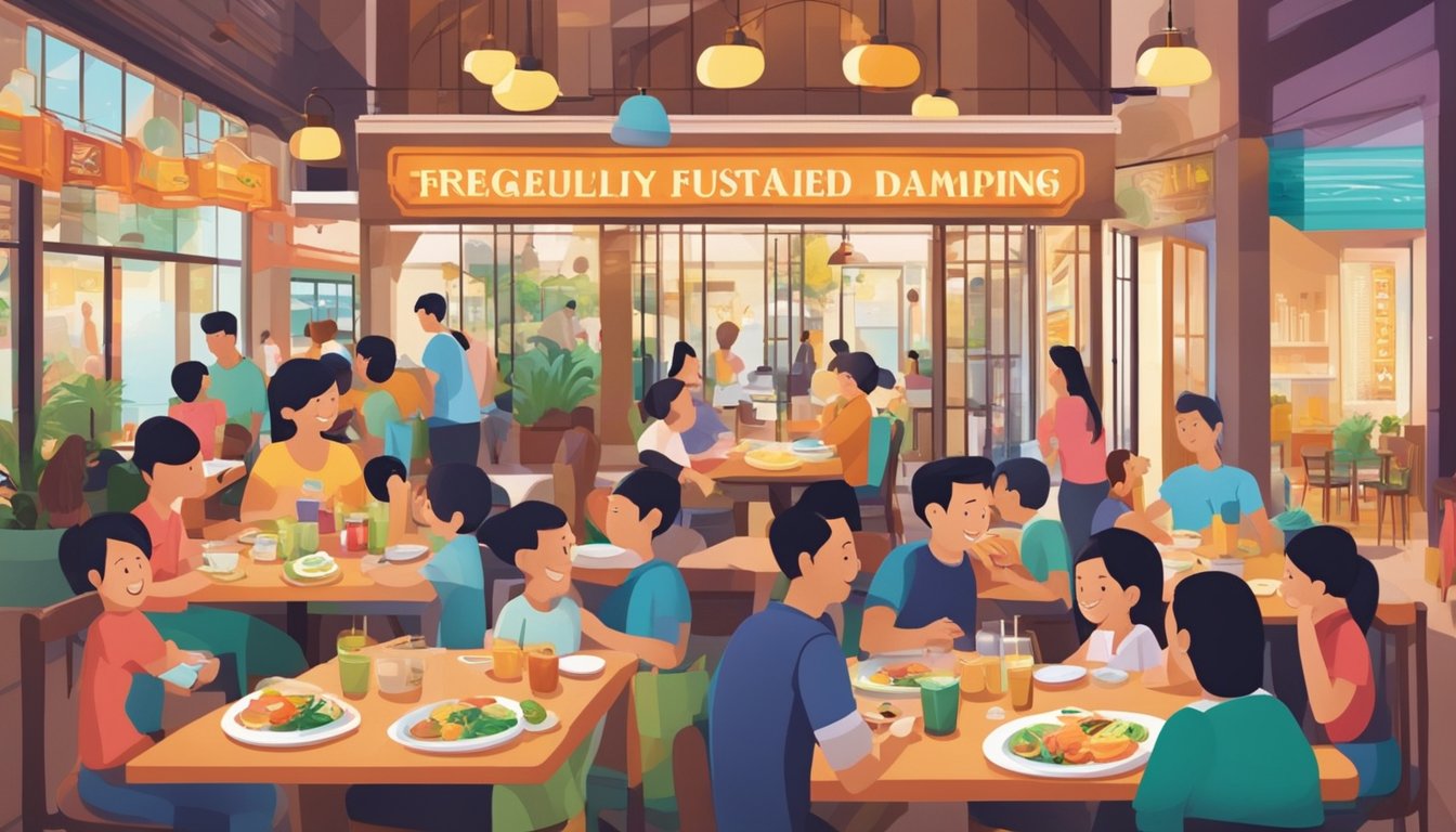 A bustling restaurant with colorful decor and smiling families enjoying meals together. A sign prominently displays "Frequently Asked Questions" for family-friendly dining options in Singapore