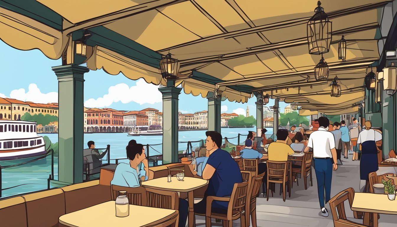 A bustling Italian restaurant on Boat Quay, with diners enjoying pasta and wine. The charming outdoor seating area overlooks the river, bustling with activity