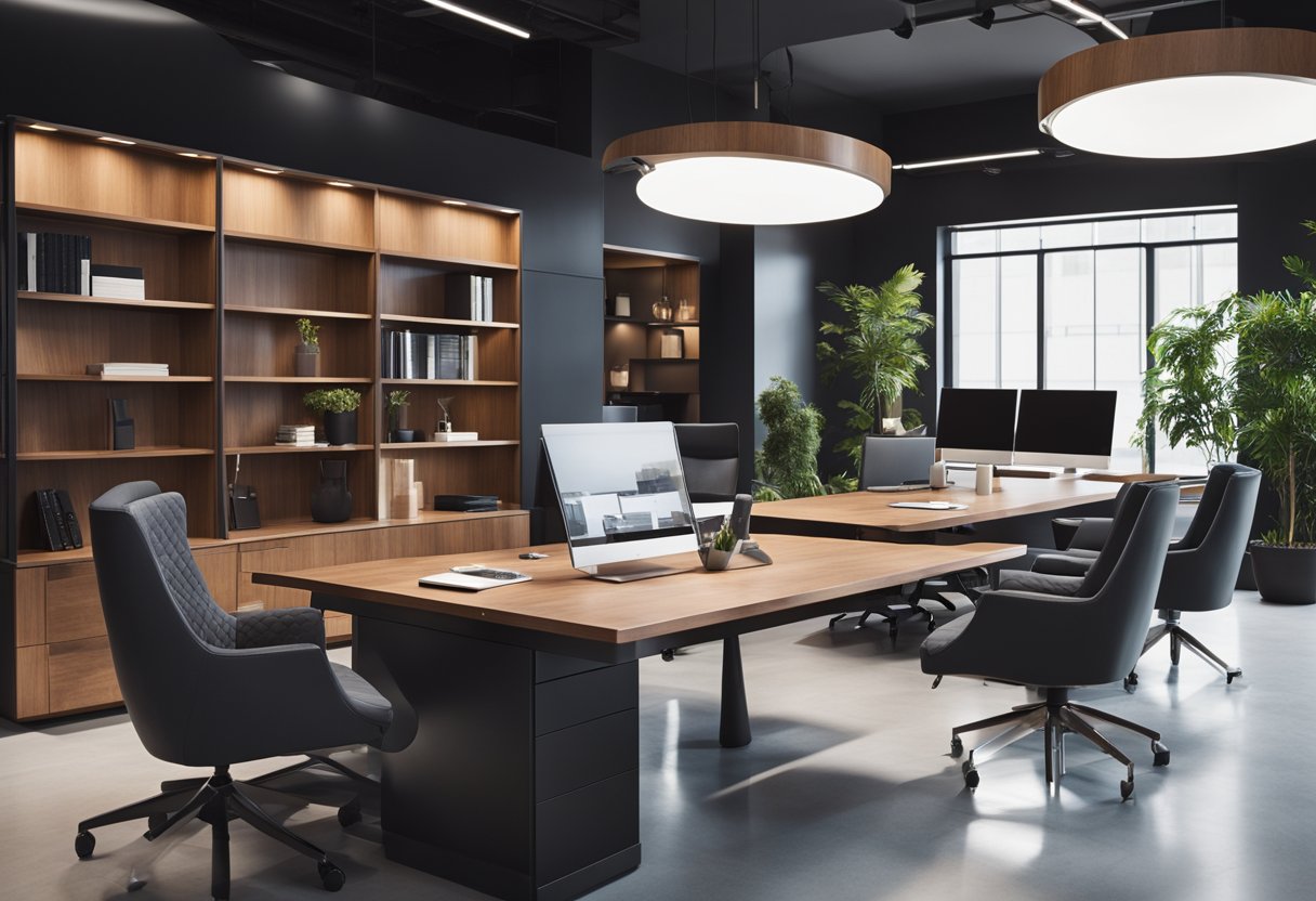 A sleek, asymmetrical office table with built-in storage compartments and a polished wood finish, surrounded by modern ergonomic chairs