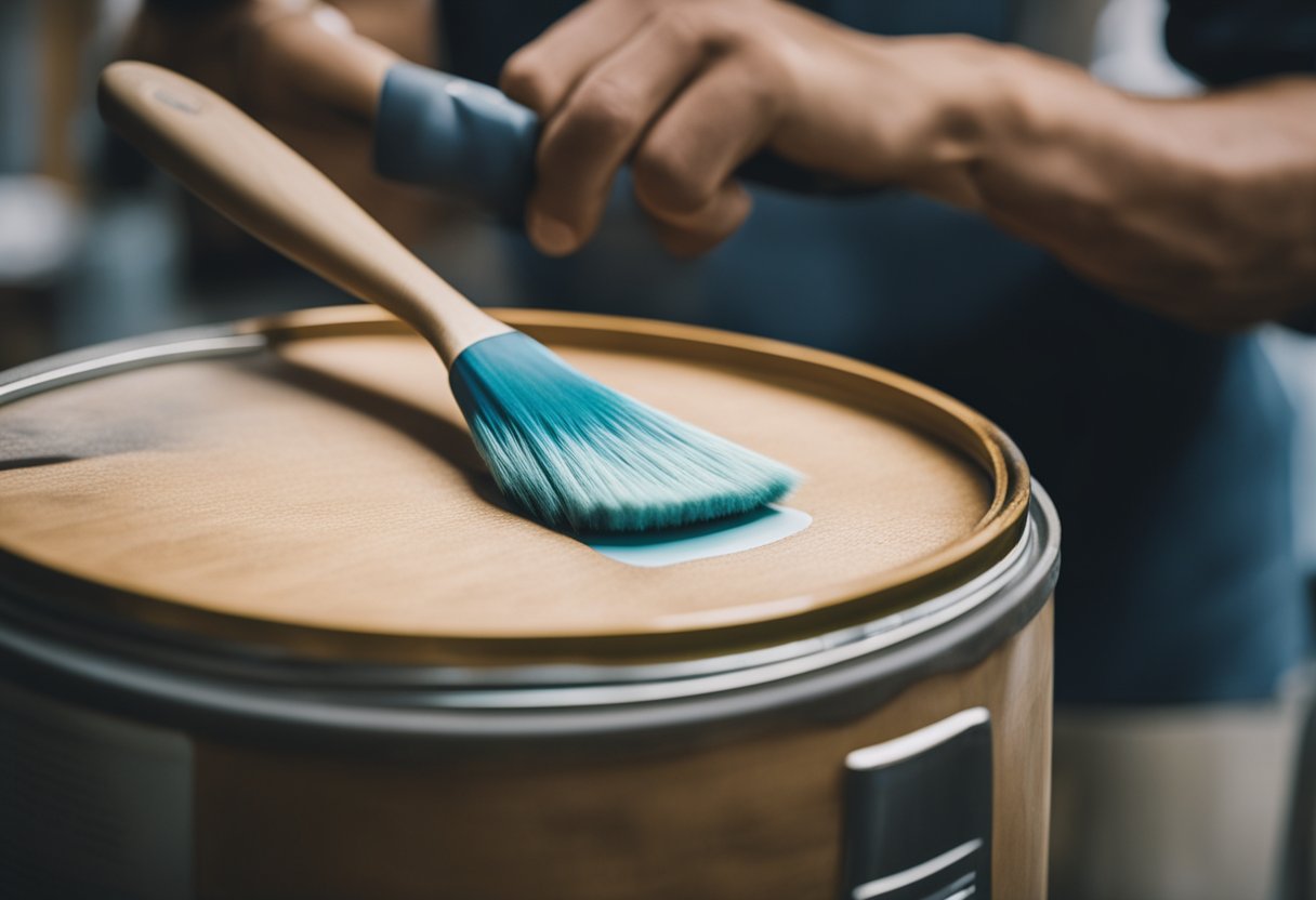 A hand dips a brush into a can of chalk paint, applying it to a wooden furniture piece in a well-lit Singaporean workshop