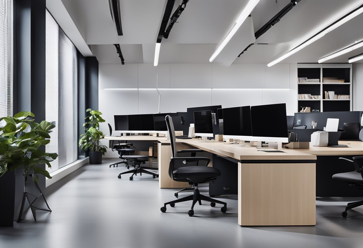 A sleek, minimalist office table with built-in storage compartments and integrated power outlets, surrounded by ergonomic chairs and modern lighting fixtures