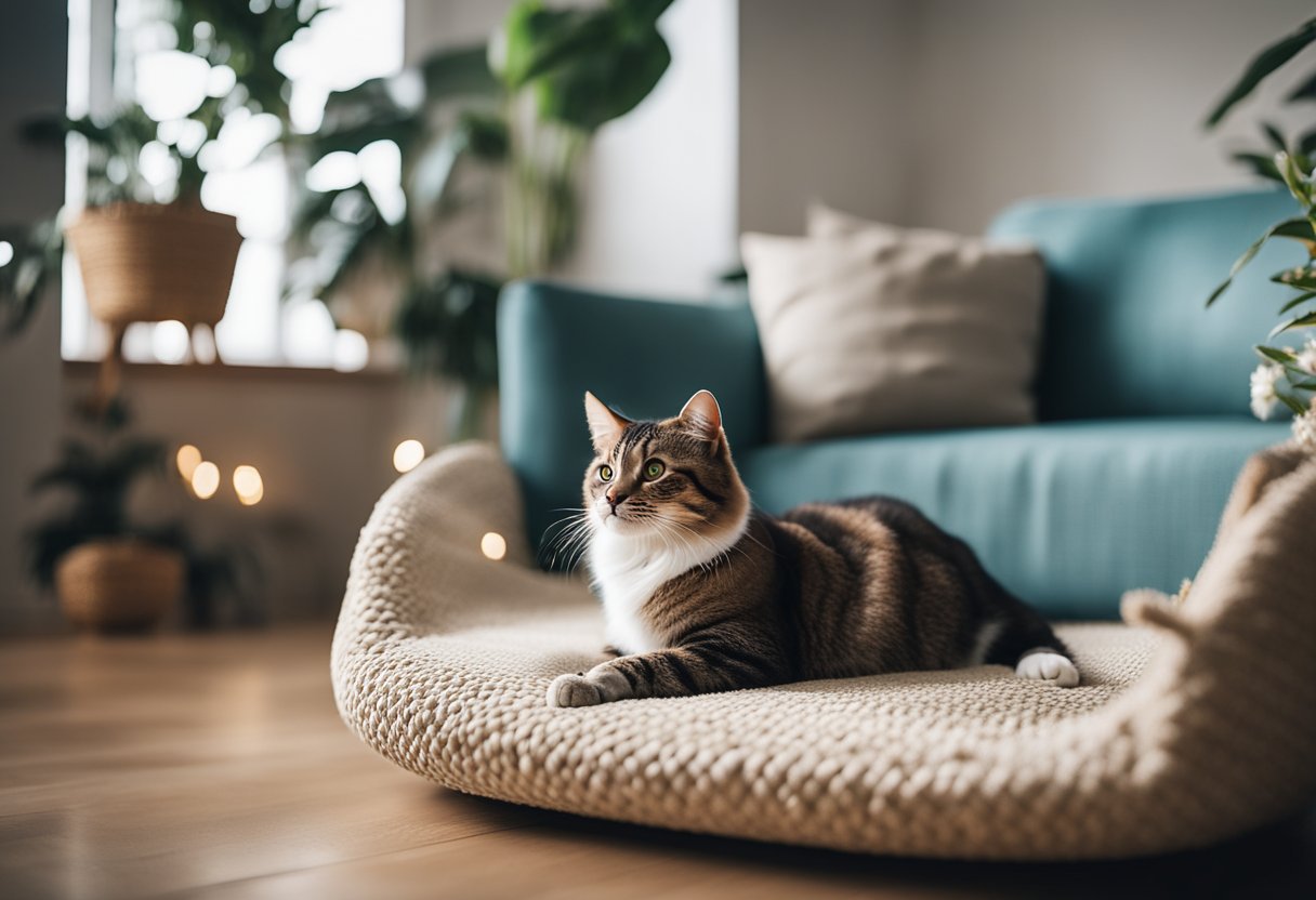 A cozy living room with a variety of cat furniture, including scratching posts, cat trees, and comfortable beds, all in a modern and stylish design
