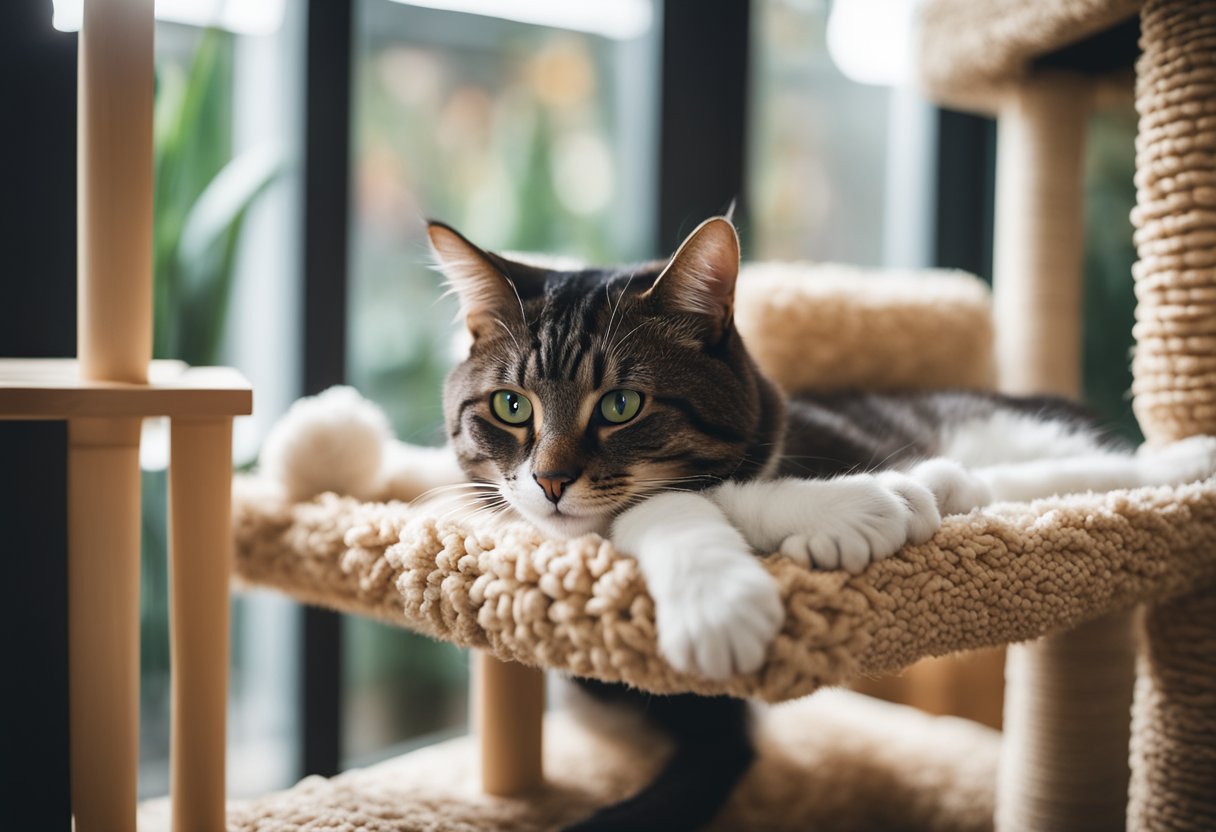 A cat lounges on a plush, multi-level cat tree, surrounded by various scratching posts and cozy hideaways. The room is filled with natural light, and the cat looks content and relaxed