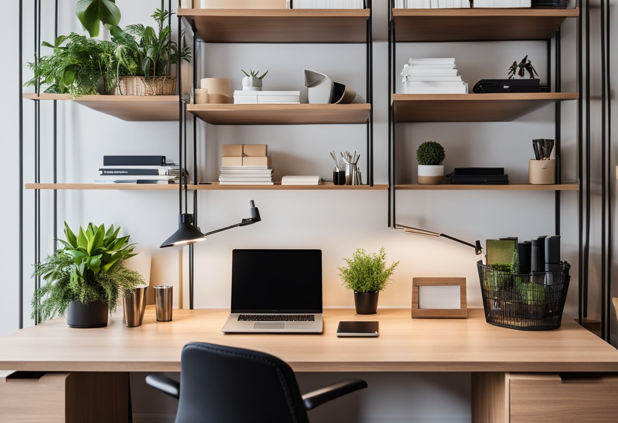 A sleek, modern office table with custom shelving and built-in storage compartments, accented with personalized decor and vibrant colors