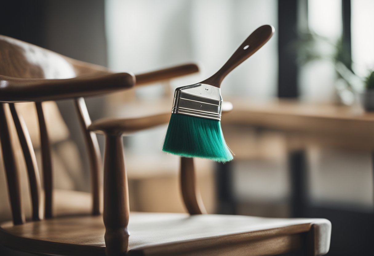 A wooden chair being painted with chalk paint, with a brush and can of paint nearby