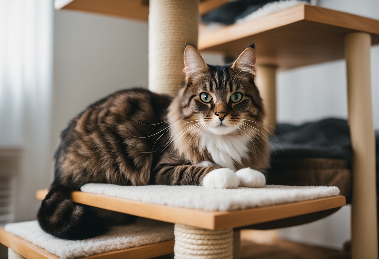 A cat lounges on a sturdy scratching post, while another perches on a cozy cat tree. The room is filled with various cat furniture, including beds, shelves, and tunnels, providing plenty of options for the feline inhabitants to play and relax
