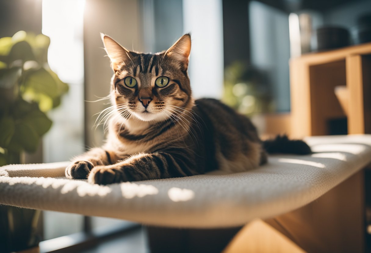 A cat lounges on a sleek, modern cat tree in a sunny room, surrounded by various cat furniture options