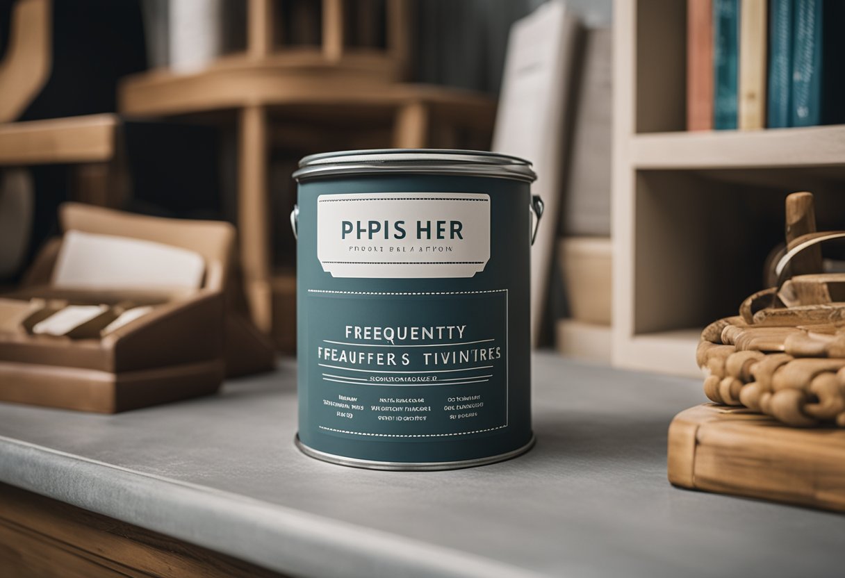 A chalk paint can with "Frequently Asked Questions" label, surrounded by various furniture pieces in a Singapore setting