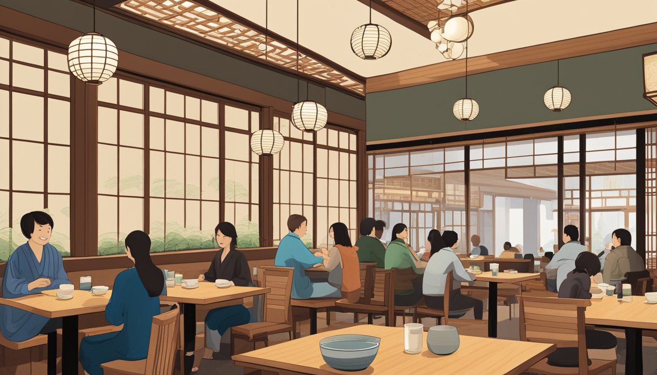 Customers enjoying a meal at Marui Sushi Japanese Restaurant in Cuppage Plaza. The interior is filled with traditional Japanese decor, including paper lanterns and wooden tables