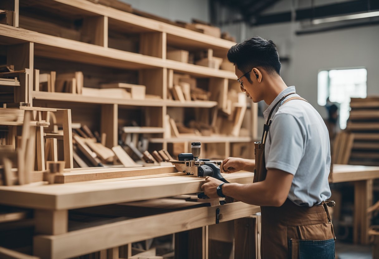 A custom carpentry workshop in Singapore, with various wood pieces, tools, and a skilled craftsman creating unique furniture