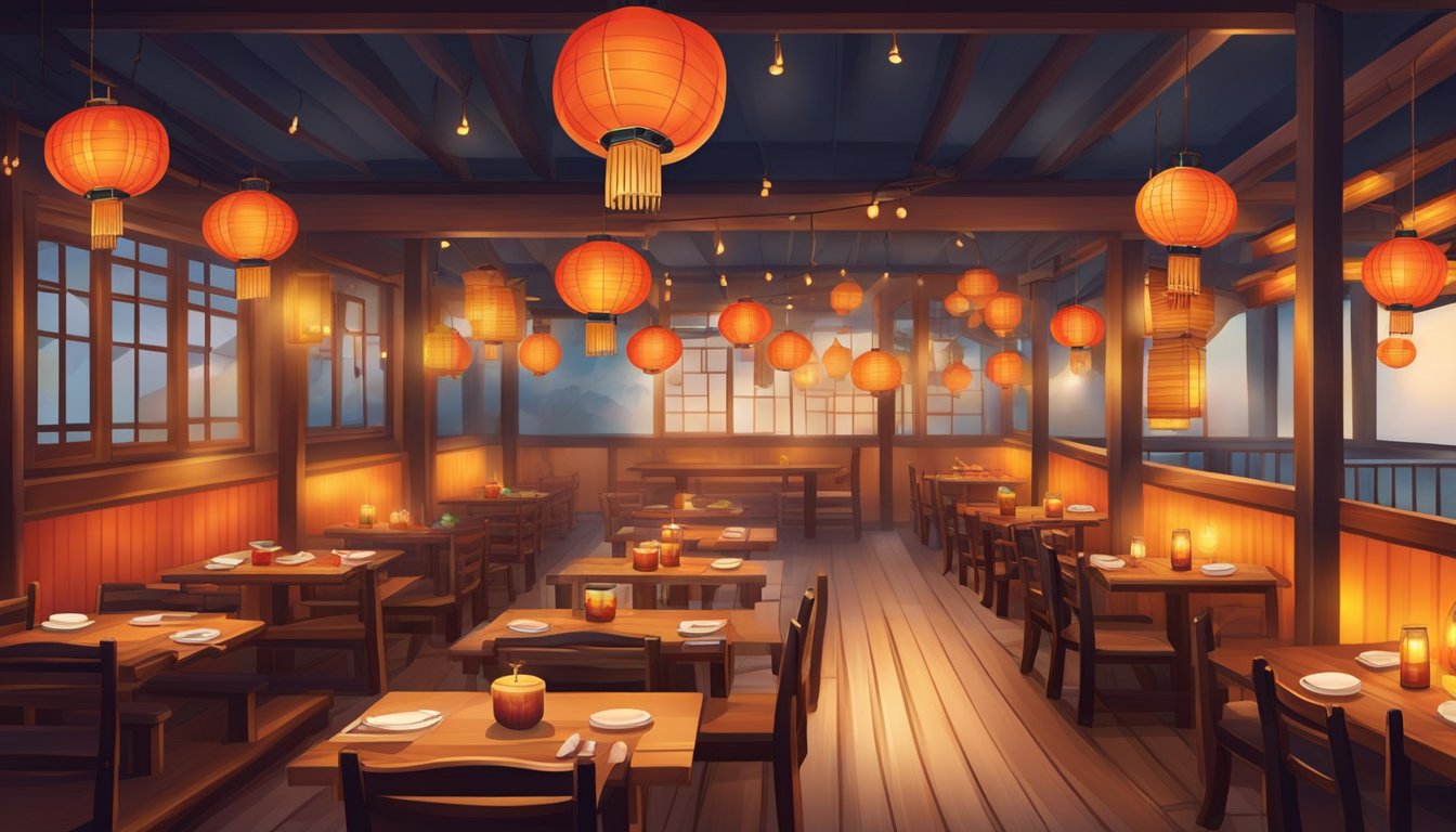 A cozy Korean restaurant with traditional decor, wooden tables, and colorful lanterns. The aroma of sizzling meats and spicy sauces fills the air