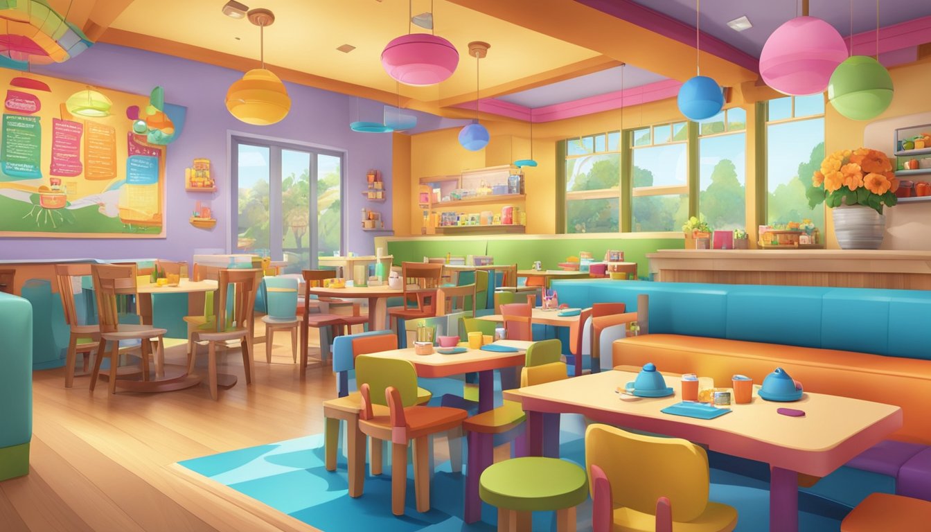 Children's restaurant with colorful decor, playful furniture, and a menu featuring kid-friendly meals. Play area and interactive games add to the lively atmosphere