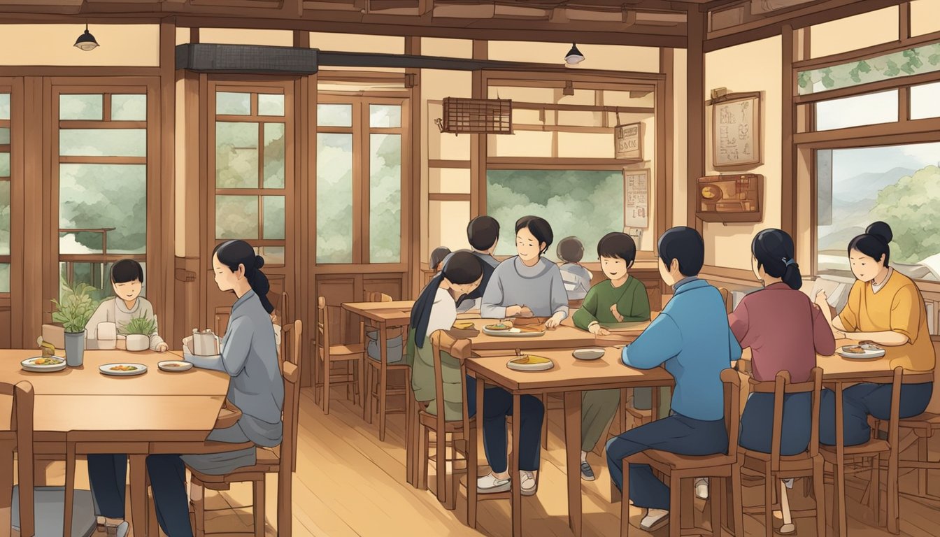 A bustling Korean family restaurant with a sign that reads "Frequently Asked Questions gayageum" and a warm, inviting atmosphere
